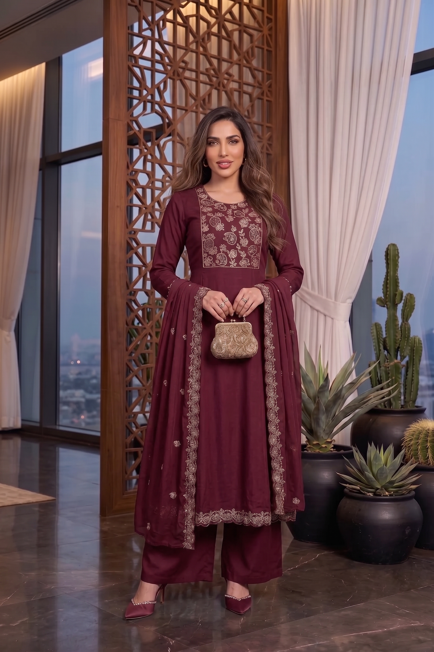 Maroon Chinon Handcrafted Suit Set