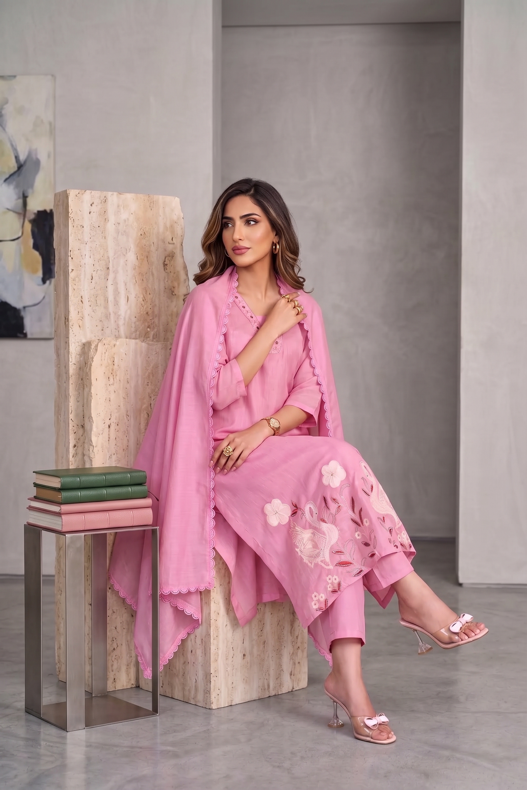 Baby Pink Mal Chanderi Handcrafted Suit Set