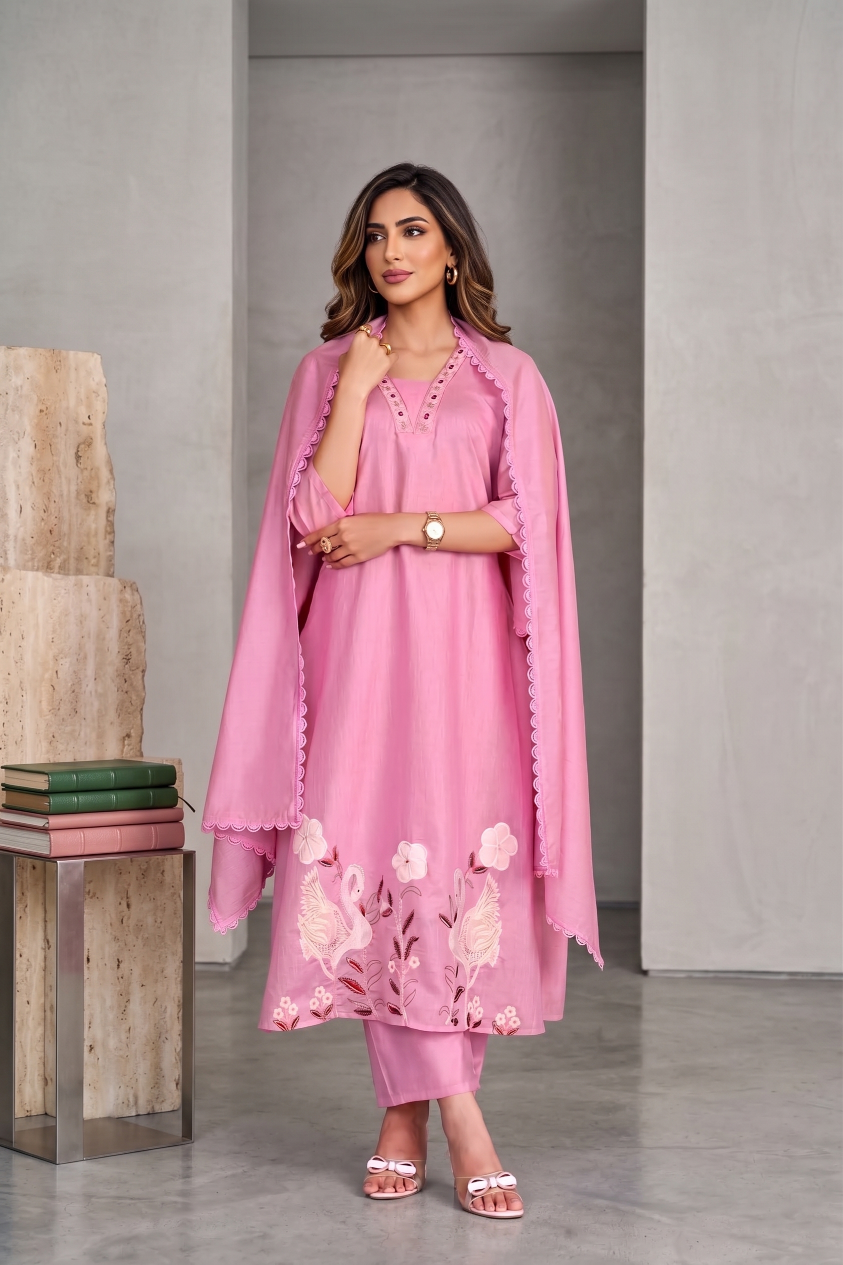 Baby Pink Mal Chanderi Handcrafted Suit Set