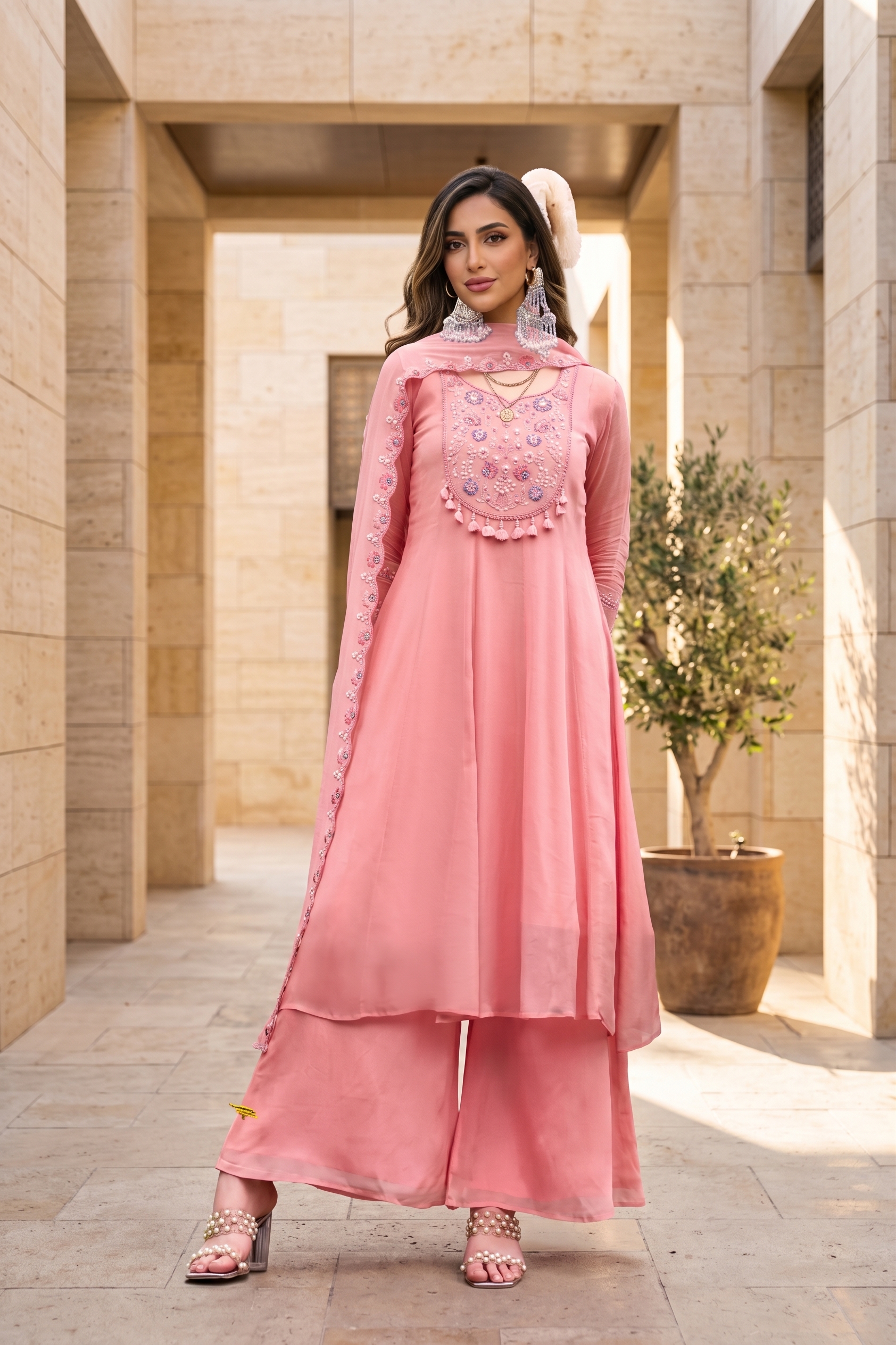 Chinon Handcrafted Suit Set with Embroidered Dupatta in Peech
