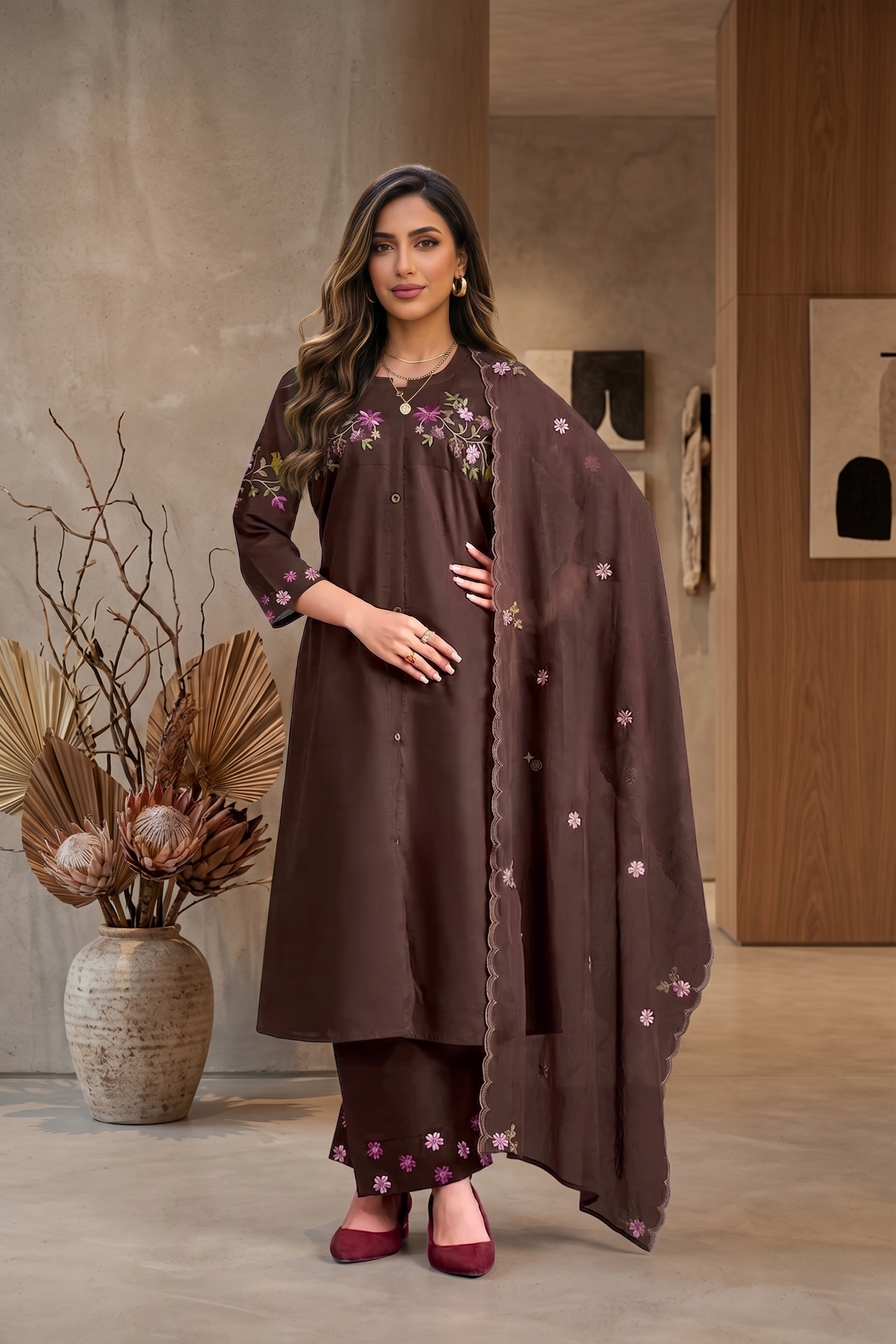 Coffee Pure Cotton A-Line Embroidered Suit Set