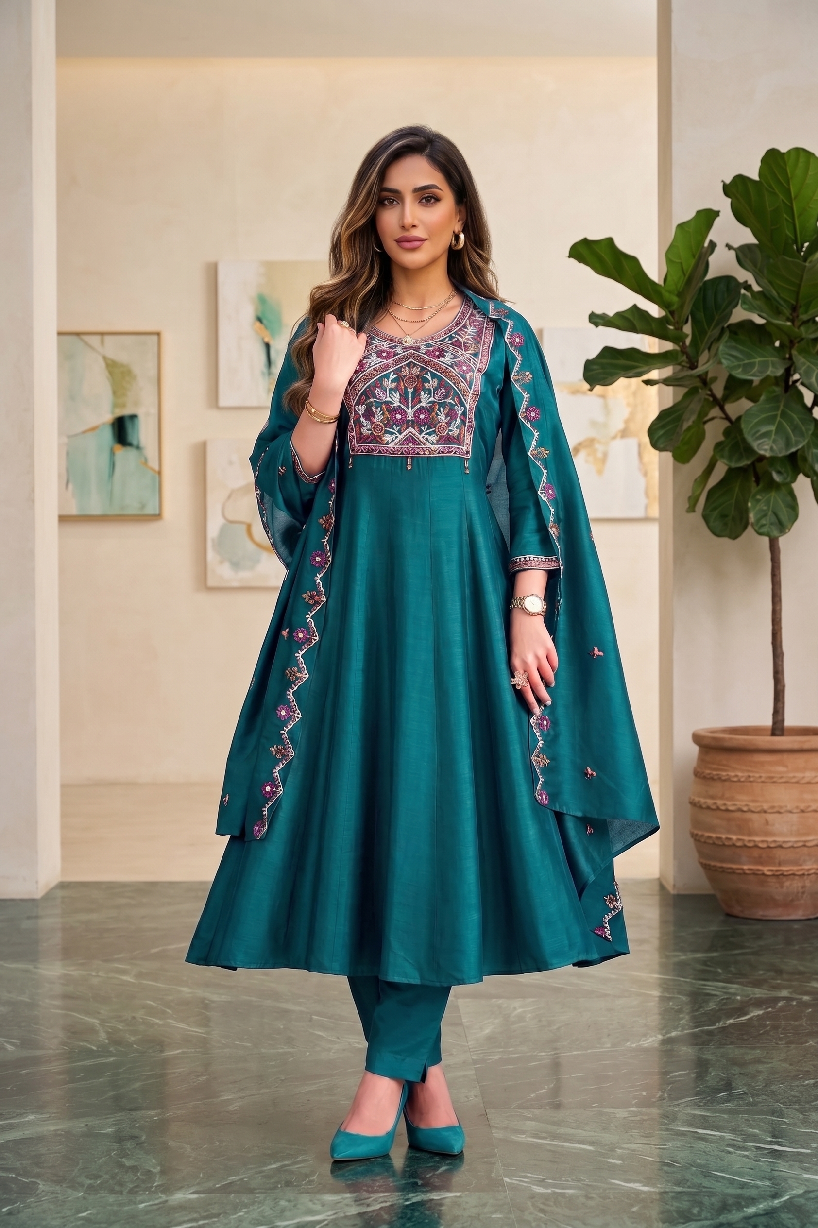 Emerald Bloom Yoke-Embroidered Suit Set