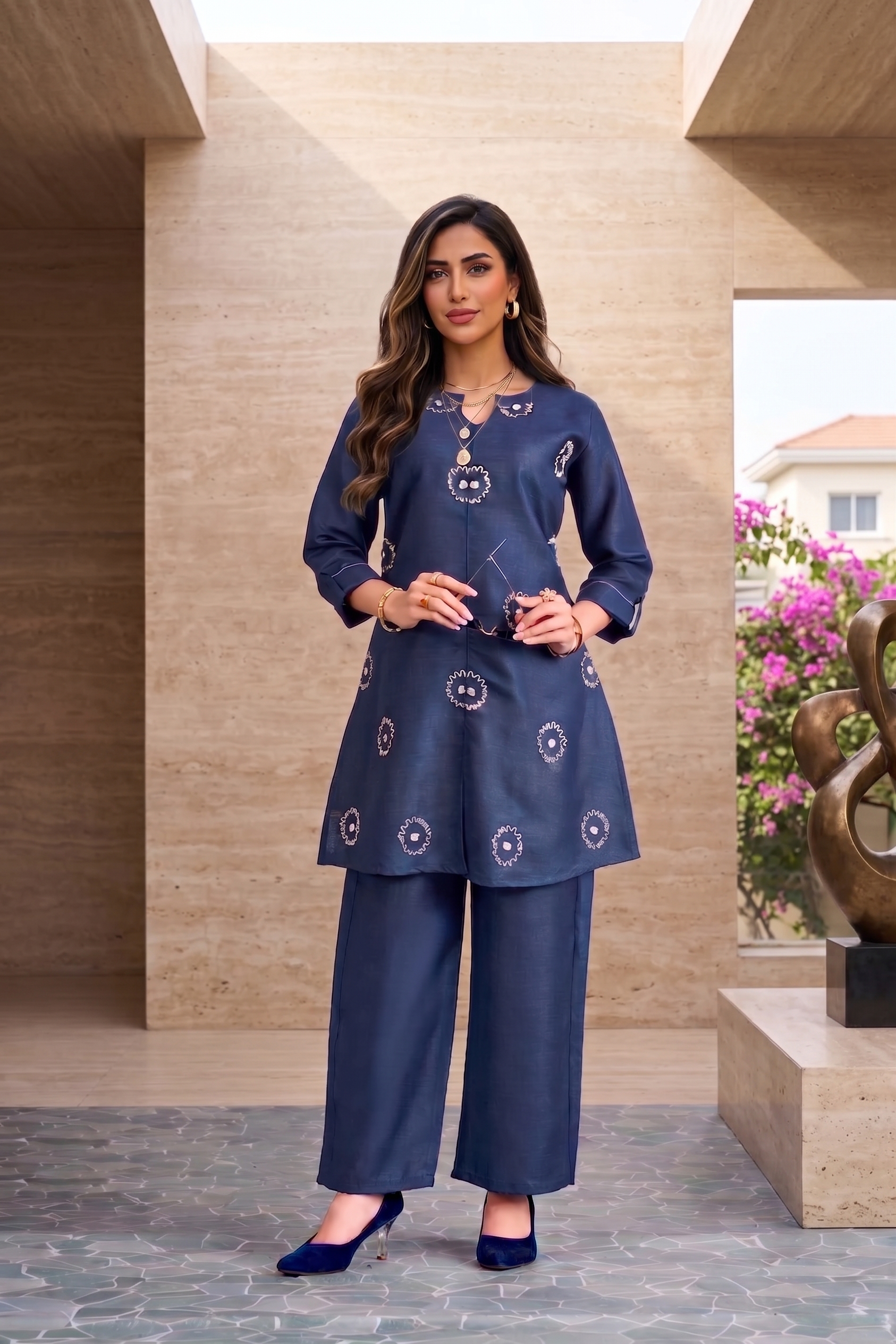 Linen Satin Embroidered Short Co-ord Set in Chocolate & Blue