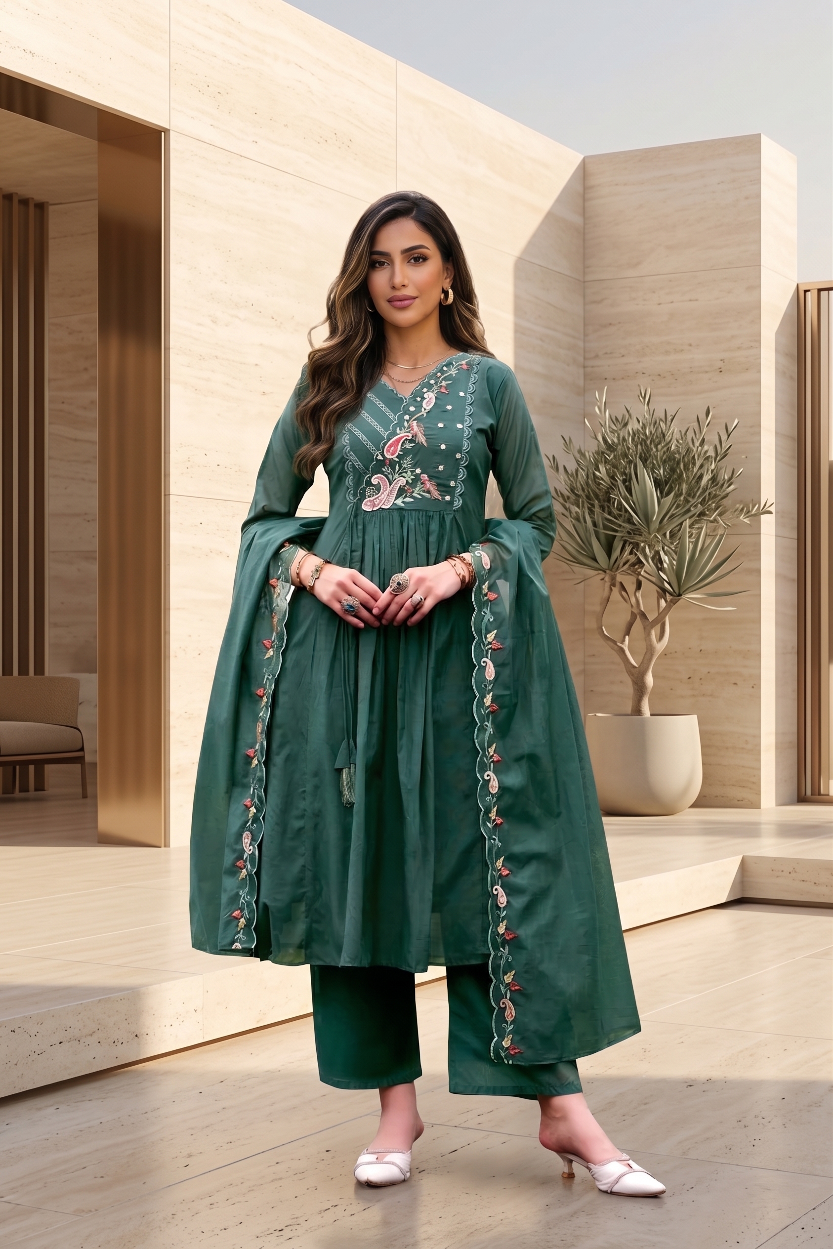 Mal Chanderi Embroidered Suit Set in Green