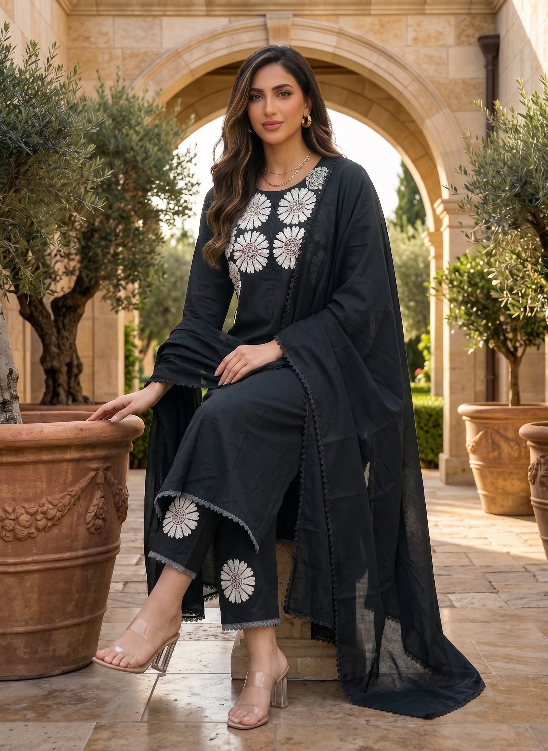 Mal Cotton Embroidered Suit Set with Lace Dupatta IN BLACK & WHITE