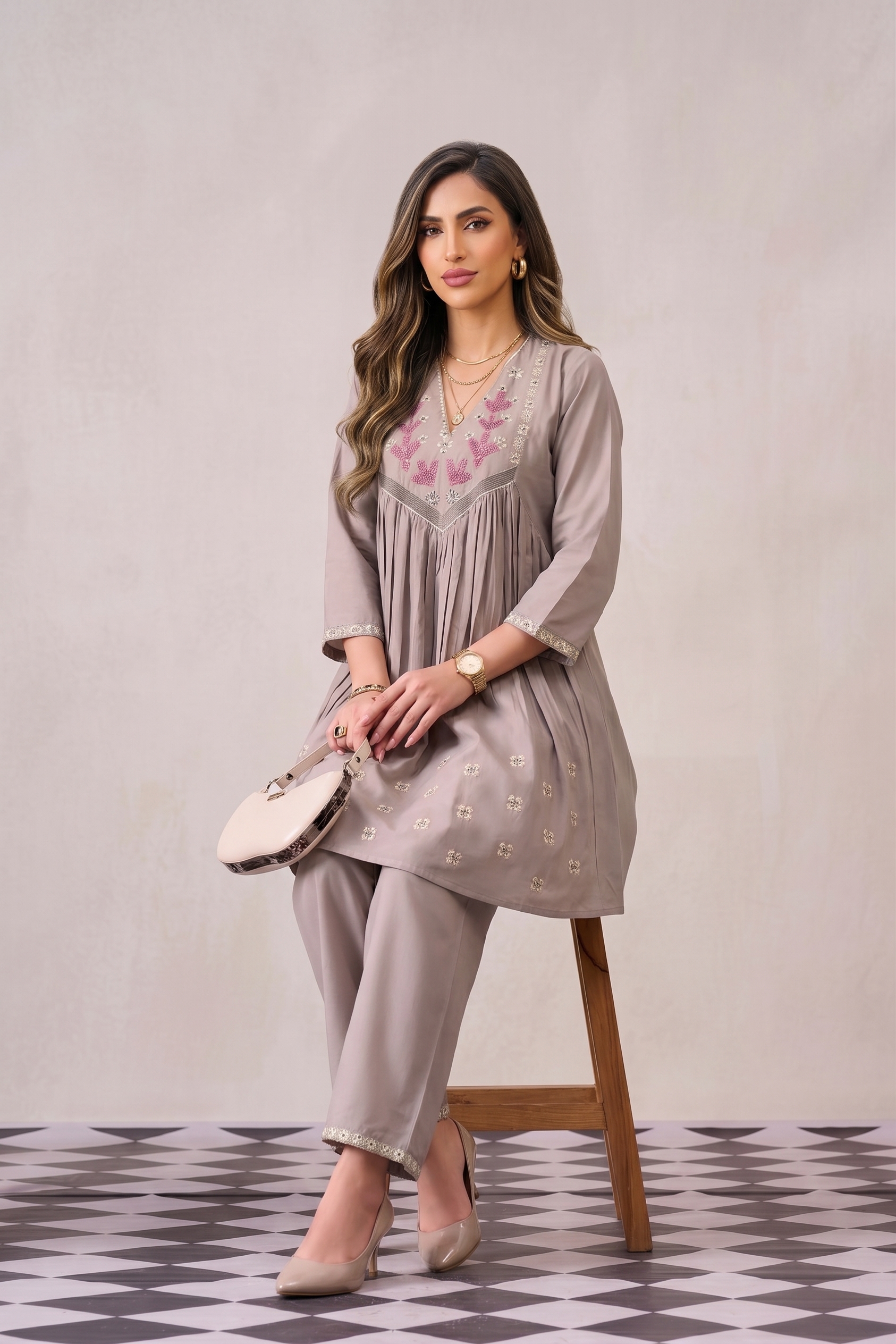 Vicuna Dhabu Cotton Short Co-ord Set in Chiku & Blue